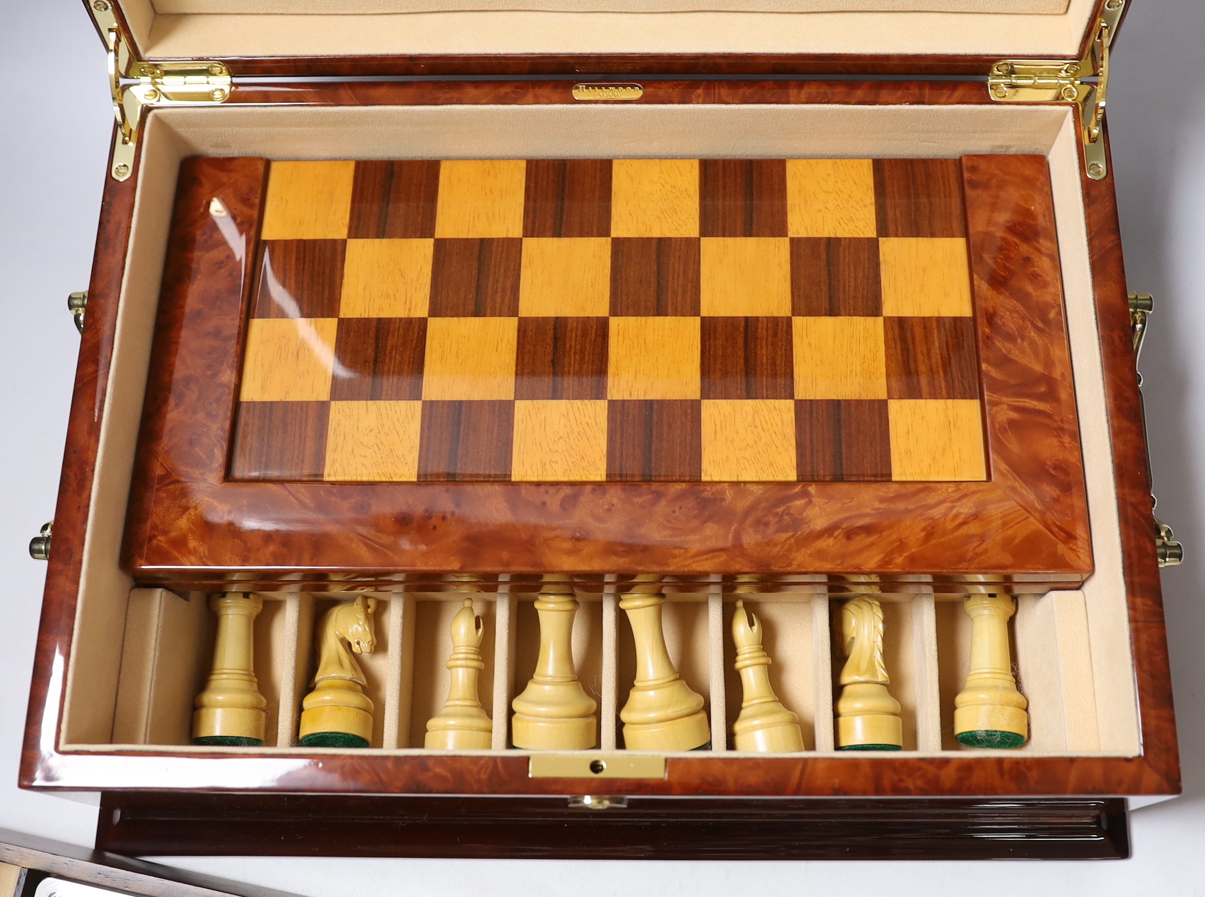 Hillwood London, a burr walnut games compendium, 41cm wide